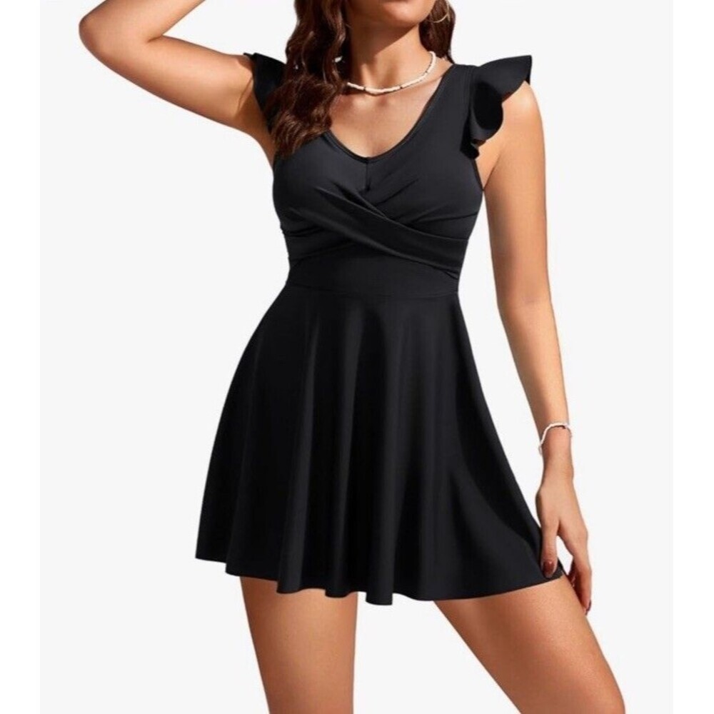 NWT, Kate Kasin Tankini Swimsuit Swim Dress Top in Black. Size S.